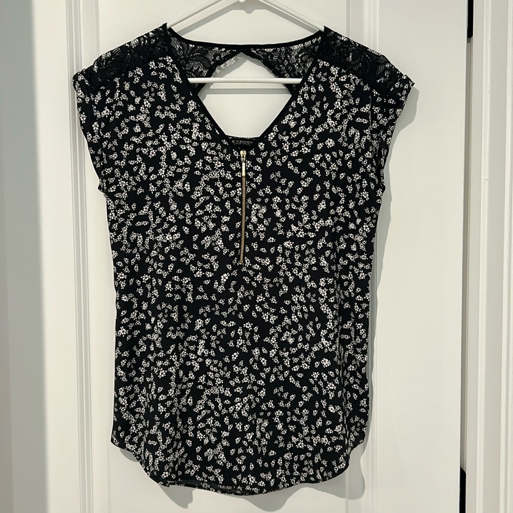 Express navy blue and white silky blouse with lace detail on shoulder and zipper